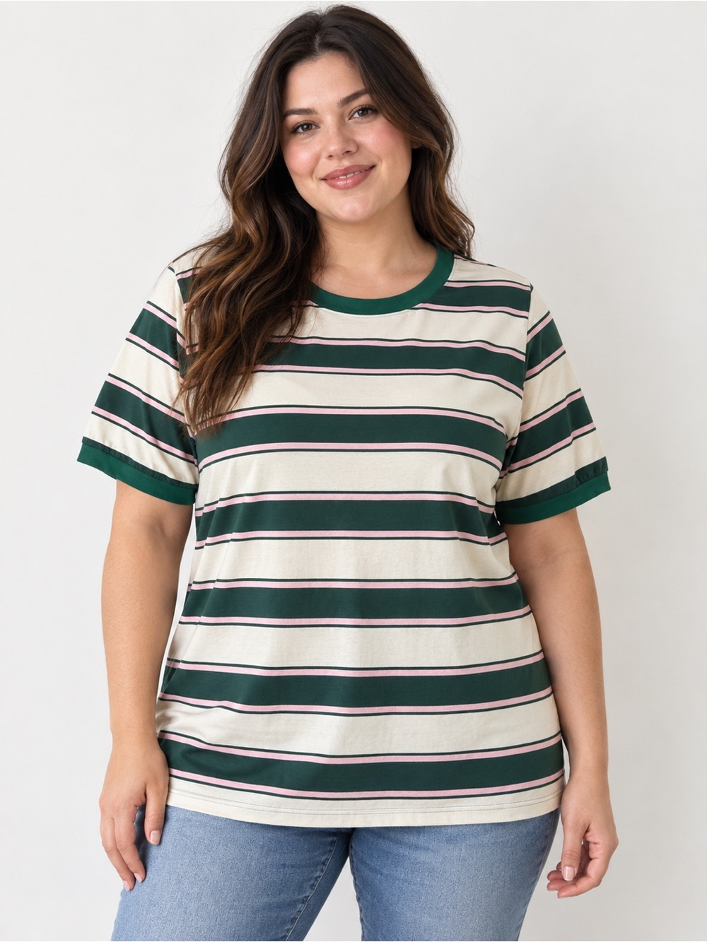 Dokotoo Women’s Large Striped Tshirt Pink Green Cream Short sleeve NWT XL